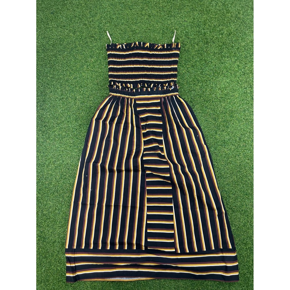 Cleobella Striped Smocked Tube Top and Midi Skirt Set Black Yellow Small